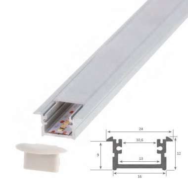 Profil encastré en aluminium pour bande LED avec diffuseur - 2 caches -  23x15mm - 2 mètres