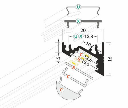 Dimensions profilé LED oblique